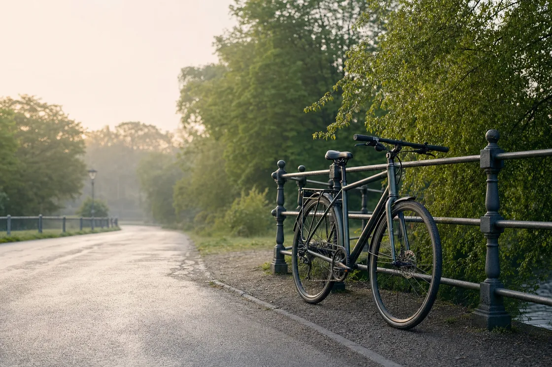 Hybridcykel lutad mot räcke i stadsmiljö